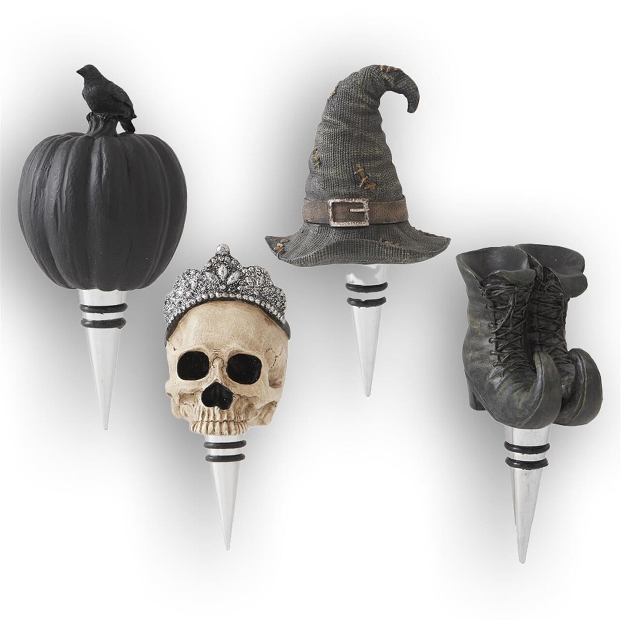 6" Gothic Halloween Wine Stopper Set – Skull, Witch Hat, Pumpkin, Boots (Set of 4)